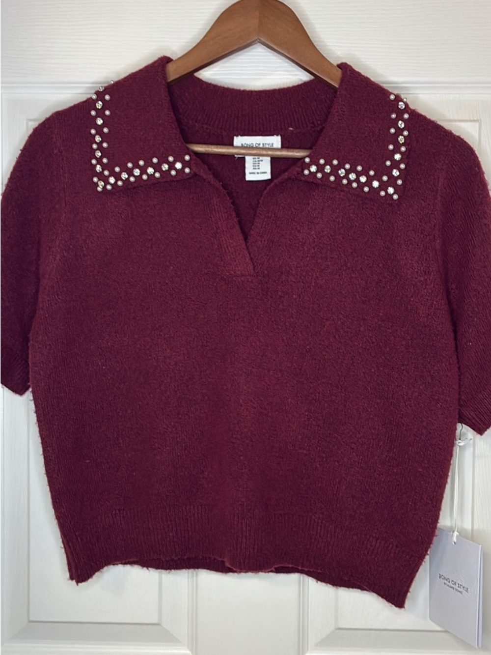 Song of Style Burgundy Stud-Collar V-Neck Short-Sleeve Sweater